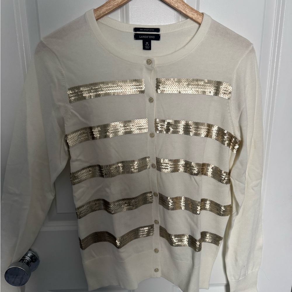 Lands' End Cream Cardigan with Gold Sequins
